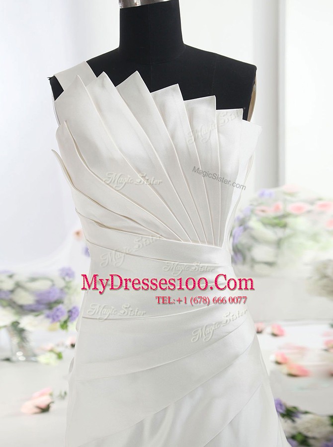 Free and Easy Chapel Train Column/Sheath Wedding Dress White One Shoulder Satin Sleeveless With Train Zipper