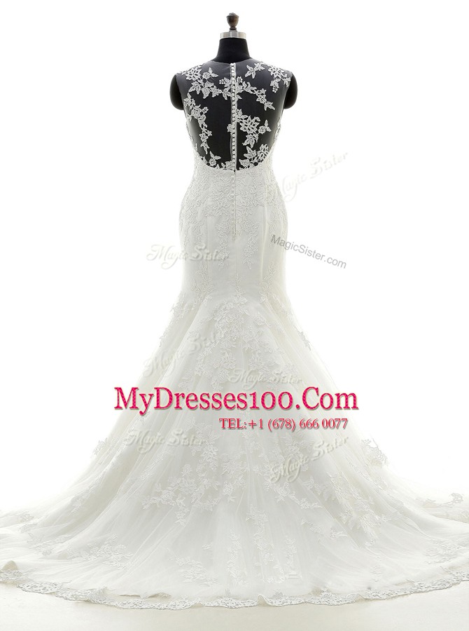 Discount Mermaid Scoop Sleeveless Tulle and Lace Bridal Gown Lace and Appliques Brush Train Zipper