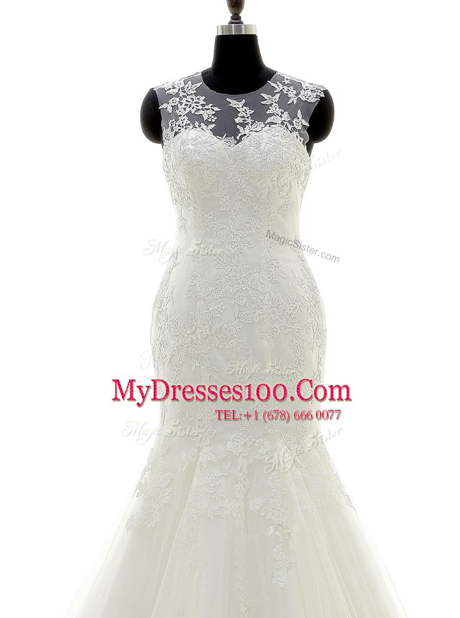Discount Mermaid Scoop Sleeveless Tulle and Lace Bridal Gown Lace and Appliques Brush Train Zipper