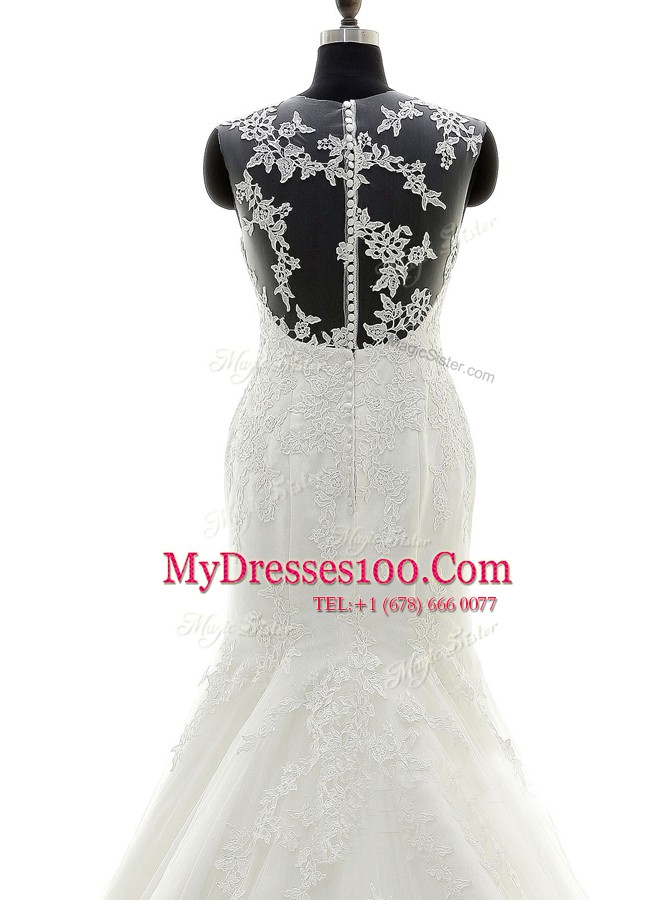Discount Mermaid Scoop Sleeveless Tulle and Lace Bridal Gown Lace and Appliques Brush Train Zipper