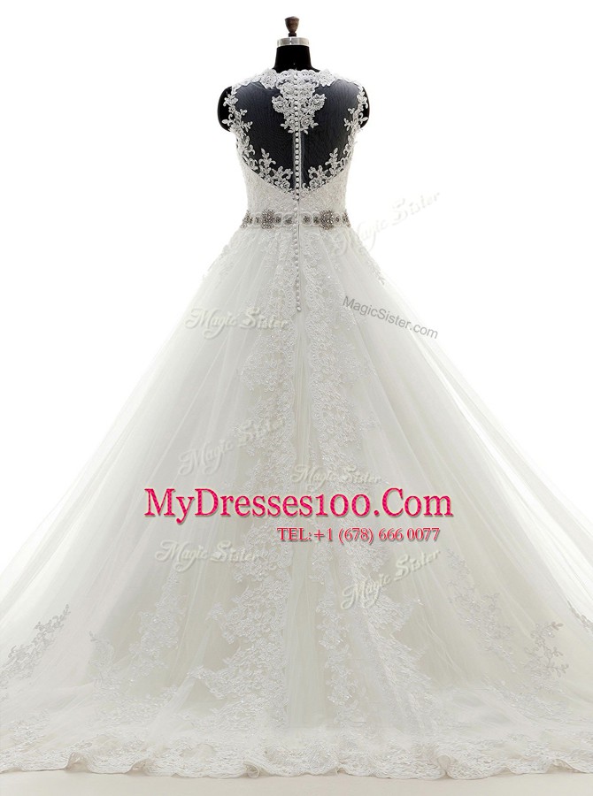 High End Scalloped White Sleeveless With Train Beading and Lace and Appliques Clasp Handle Bridal Gown
