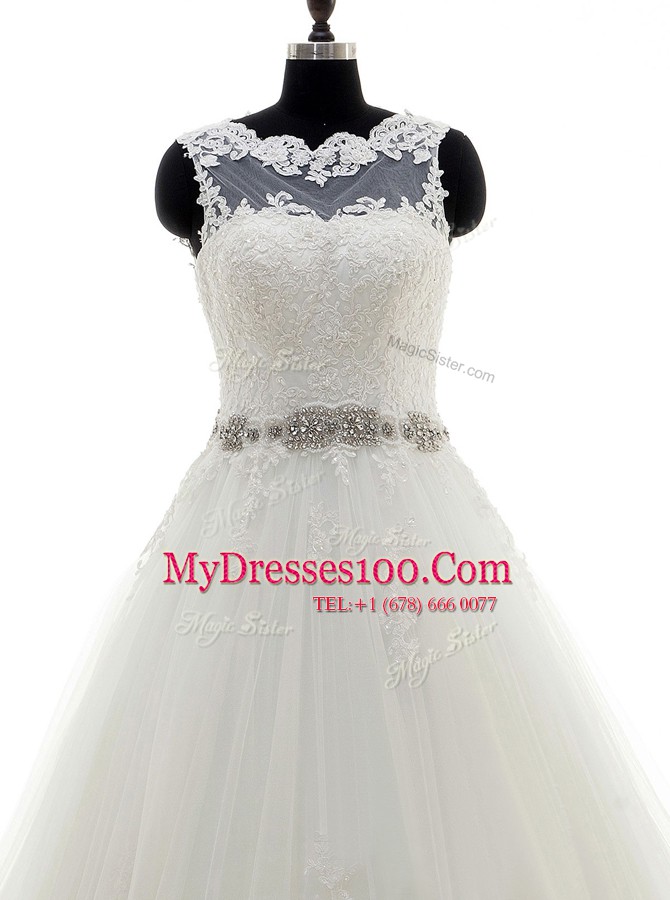 High End Scalloped White Sleeveless With Train Beading and Lace and Appliques Clasp Handle Bridal Gown