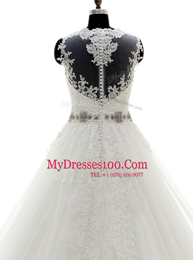 High End Scalloped White Sleeveless With Train Beading and Lace and Appliques Clasp Handle Bridal Gown