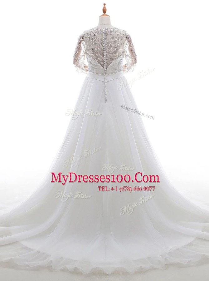 Scoop 3 4 Length Sleeve Brush Train Clasp Handle Wedding Dresses White Organza