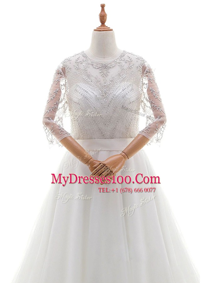 Scoop 3 4 Length Sleeve Brush Train Clasp Handle Wedding Dresses White Organza