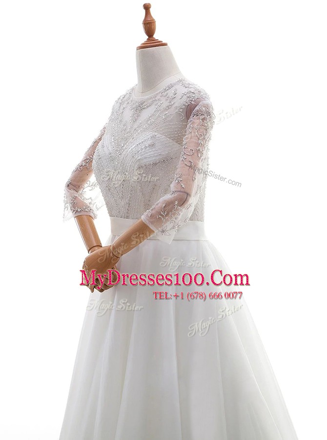 Scoop 3 4 Length Sleeve Brush Train Clasp Handle Wedding Dresses White Organza