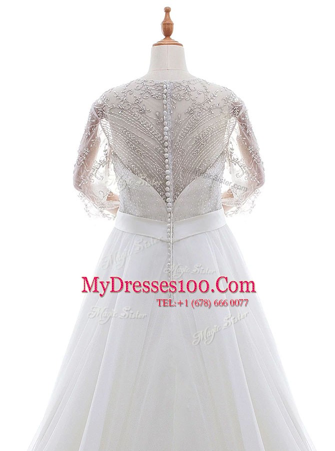 Scoop 3 4 Length Sleeve Brush Train Clasp Handle Wedding Dresses White Organza