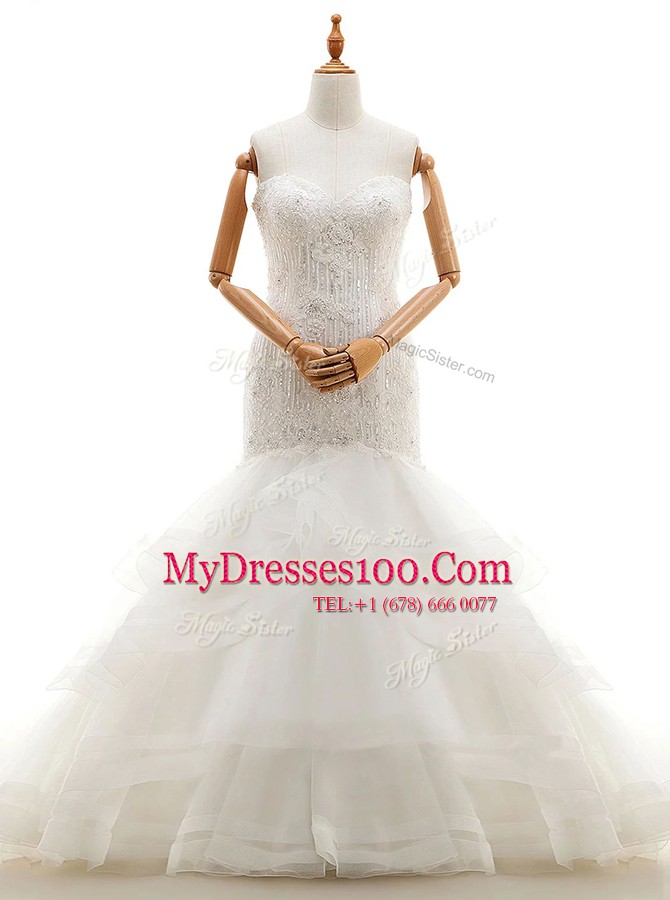 Mermaid Ruffled With Train White Wedding Dress Sweetheart Sleeveless Brush Train Clasp Handle