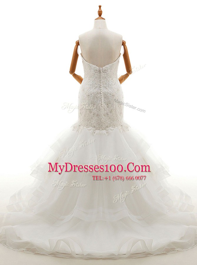 Mermaid Ruffled With Train White Wedding Dress Sweetheart Sleeveless Brush Train Clasp Handle