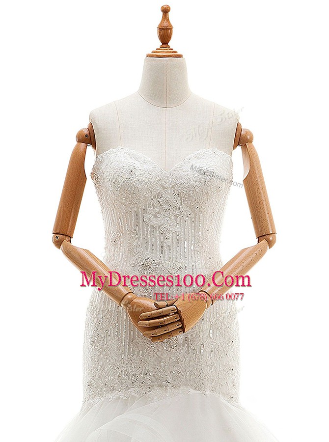 Mermaid Ruffled With Train White Wedding Dress Sweetheart Sleeveless Brush Train Clasp Handle