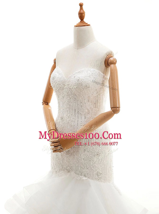 Mermaid Ruffled With Train White Wedding Dress Sweetheart Sleeveless Brush Train Clasp Handle