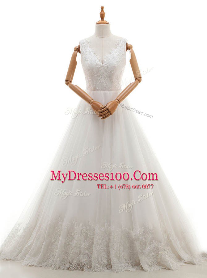 Stylish White Sleeveless Organza and Tulle Court Train Zipper Bridal Gown for Wedding Party