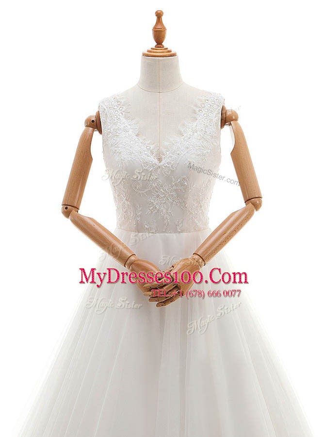Stylish White Sleeveless Organza and Tulle Court Train Zipper Bridal Gown for Wedding Party