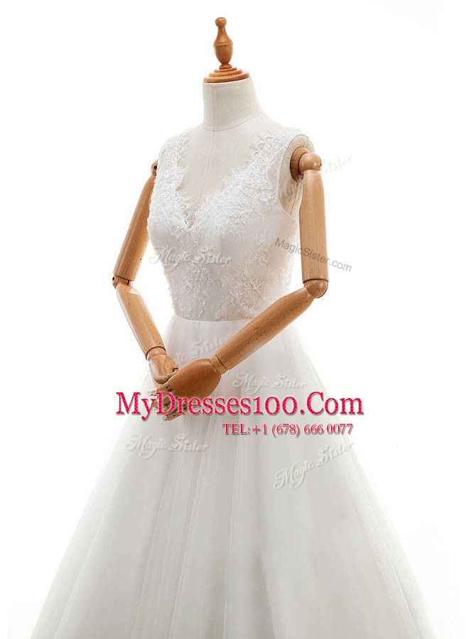 Stylish White Sleeveless Organza and Tulle Court Train Zipper Bridal Gown for Wedding Party
