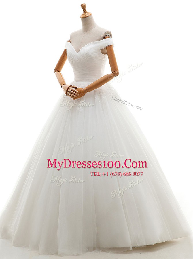 Artistic Off the Shoulder White A-line Ruching Wedding Dress Lace Up Tulle Sleeveless Floor Length