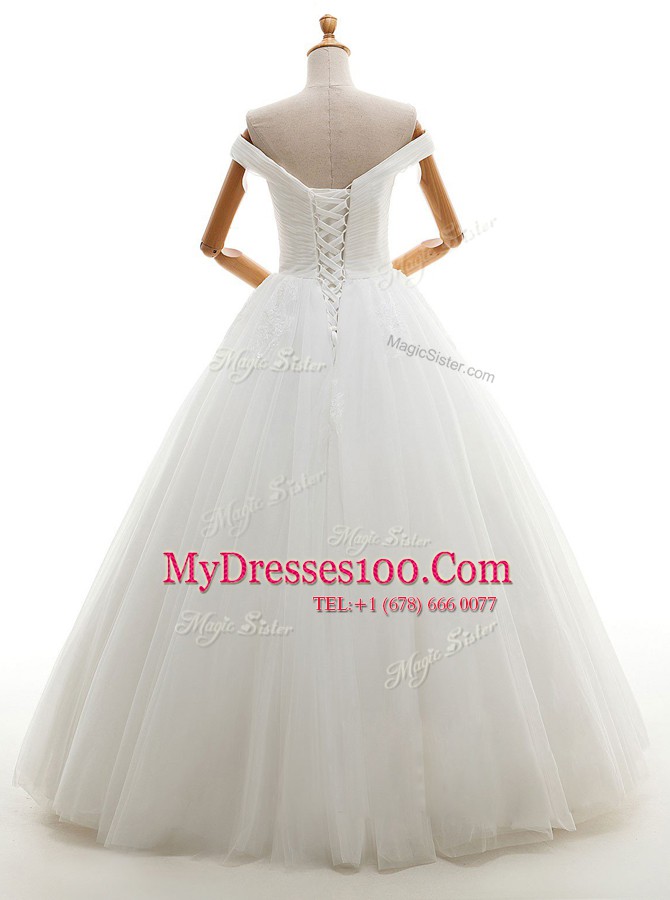 Artistic Off the Shoulder White A-line Ruching Wedding Dress Lace Up Tulle Sleeveless Floor Length