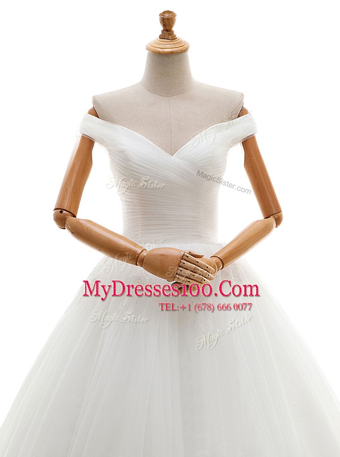 Artistic Off the Shoulder White A-line Ruching Wedding Dress Lace Up Tulle Sleeveless Floor Length