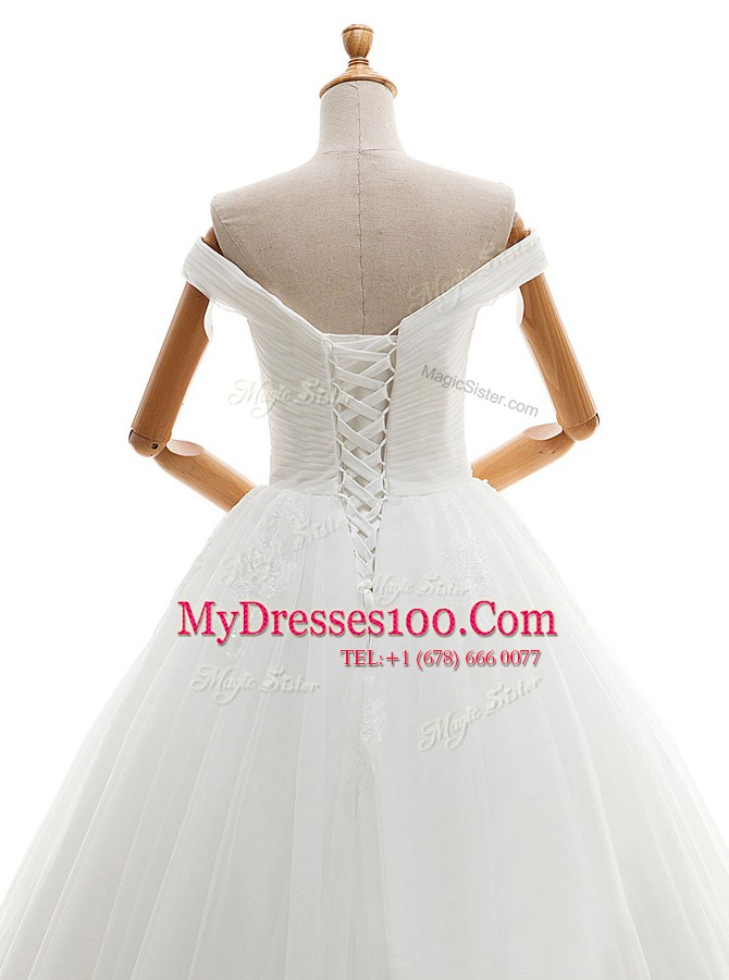 Artistic Off the Shoulder White A-line Ruching Wedding Dress Lace Up Tulle Sleeveless Floor Length