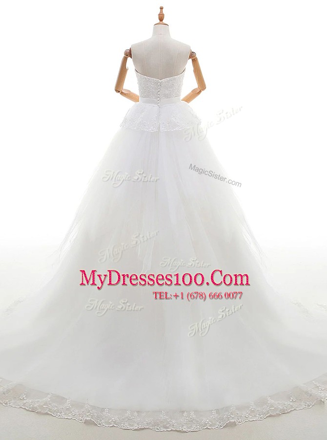 Clearance White Sleeveless With Train Lace Zipper Bridal Gown