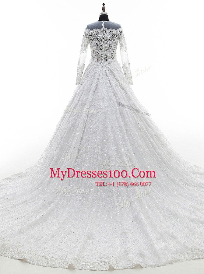 Scoop Lace Long Sleeves Court Train Zipper Appliques Wedding Dresses