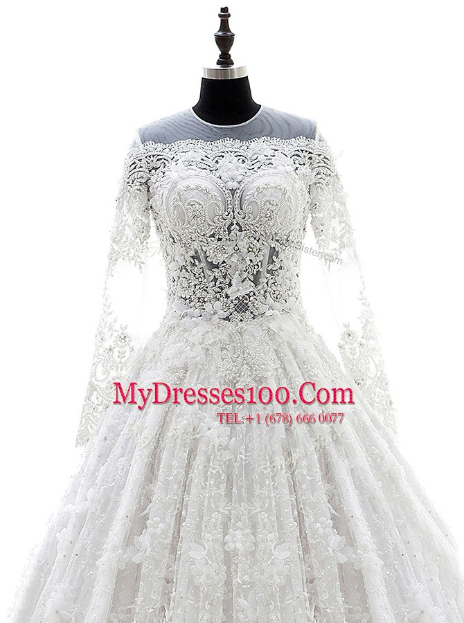 Scoop Lace Long Sleeves Court Train Zipper Appliques Wedding Dresses