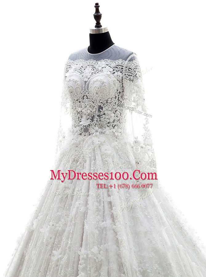 Scoop Lace Long Sleeves Court Train Zipper Appliques Wedding Dresses