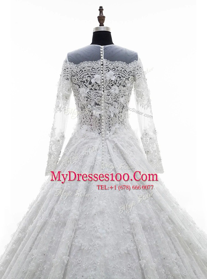 Scoop Lace Long Sleeves Court Train Zipper Appliques Wedding Dresses