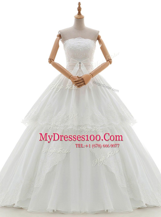 Strapless Sleeveless Wedding Gowns Floor Length Lace and Appliques and Ruffled Layers and Bowknot White Organza and Tulle