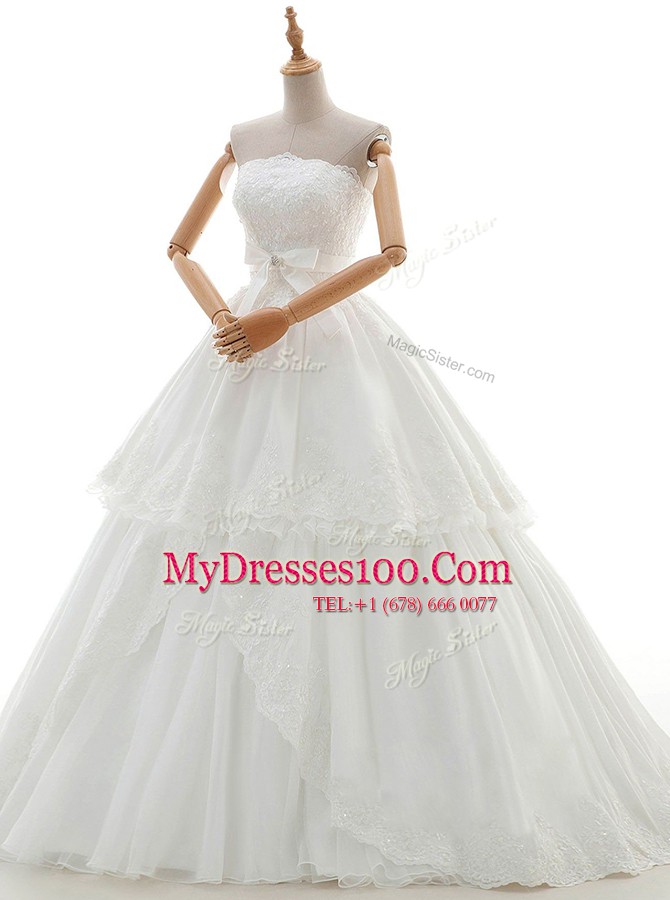 Strapless Sleeveless Wedding Gowns Floor Length Lace and Appliques and Ruffled Layers and Bowknot White Organza and Tulle