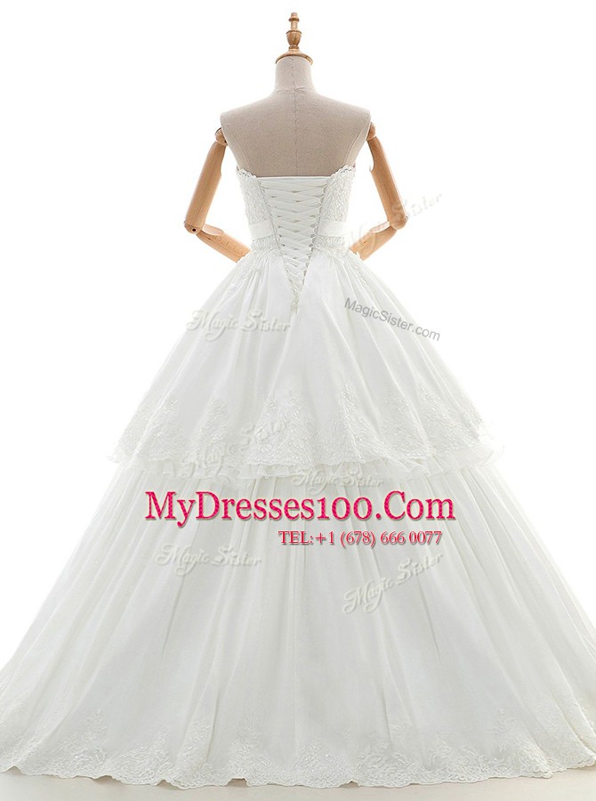 Strapless Sleeveless Wedding Gowns Floor Length Lace and Appliques and Ruffled Layers and Bowknot White Organza and Tulle