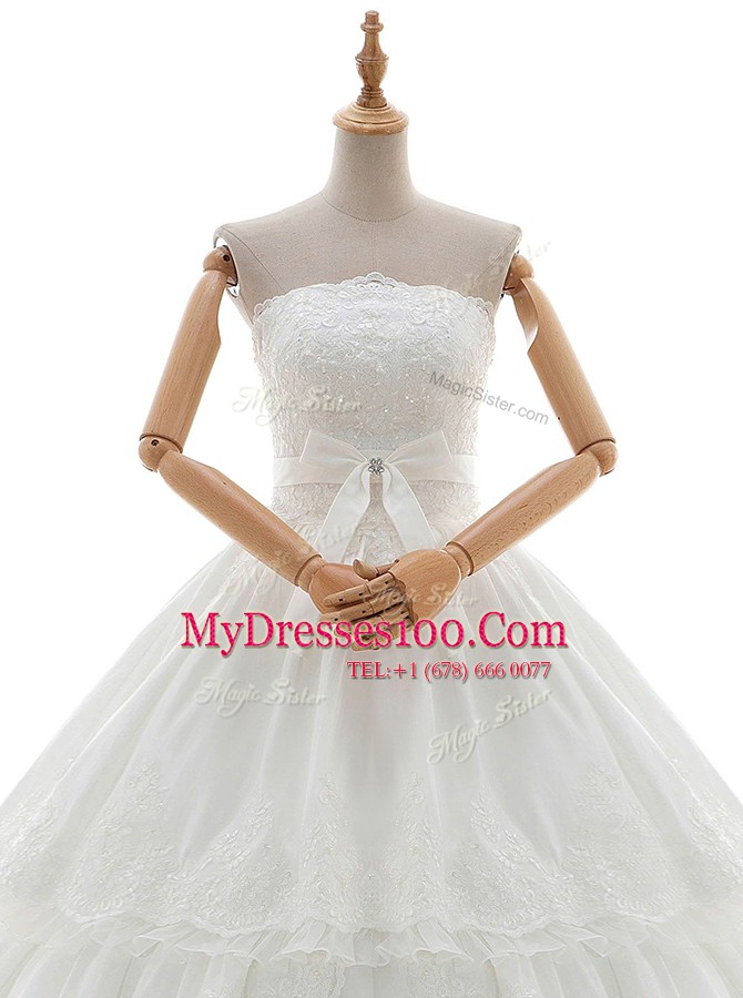 Strapless Sleeveless Wedding Gowns Floor Length Lace and Appliques and Ruffled Layers and Bowknot White Organza and Tulle