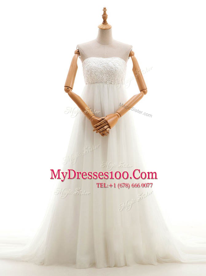 White Empire Lace Wedding Gown Zipper Tulle Sleeveless With Train