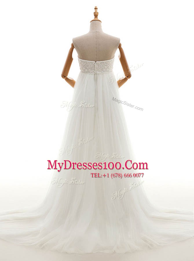 White Empire Lace Wedding Gown Zipper Tulle Sleeveless With Train