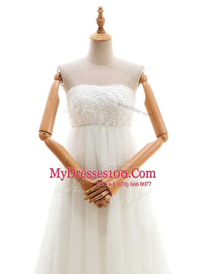 White Empire Lace Wedding Gown Zipper Tulle Sleeveless With Train