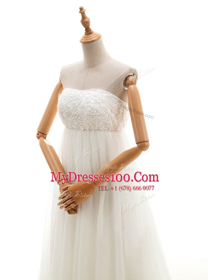 White Empire Lace Wedding Gown Zipper Tulle Sleeveless With Train
