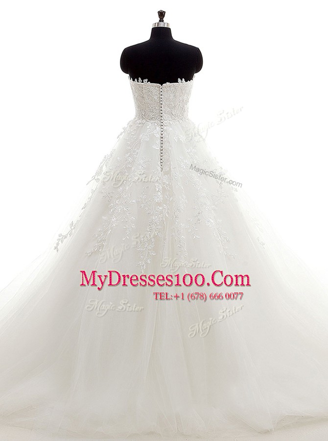 Brush Train A-line Bridal Gown White Sweetheart Tulle Sleeveless With Train Clasp Handle