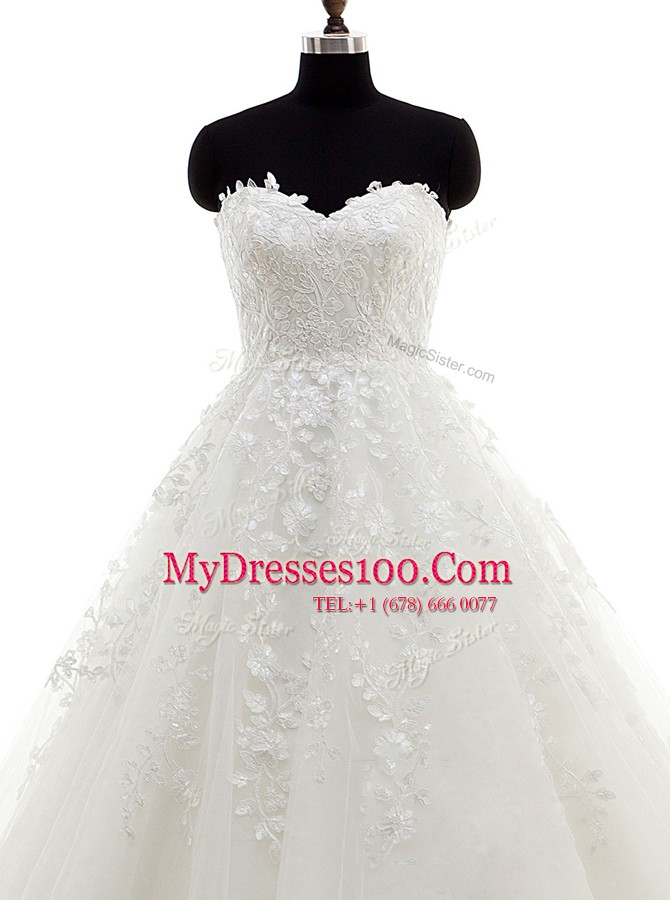 Brush Train A-line Bridal Gown White Sweetheart Tulle Sleeveless With Train Clasp Handle