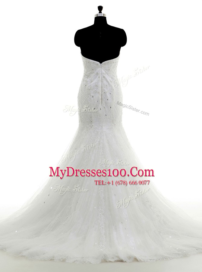 Lace With Train Mermaid Sleeveless White Wedding Gowns Brush Train Zipper