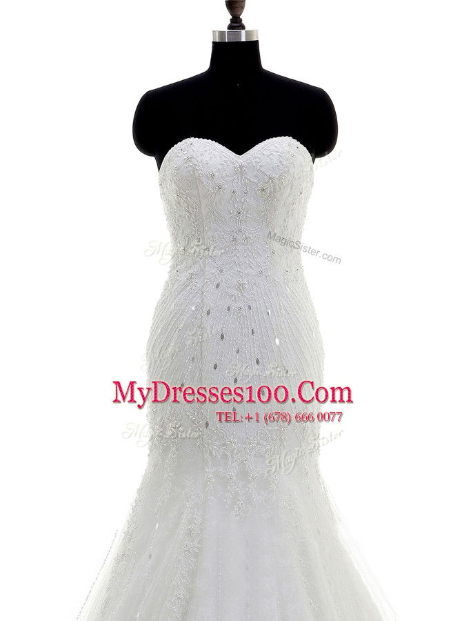 Lace With Train Mermaid Sleeveless White Wedding Gowns Brush Train Zipper