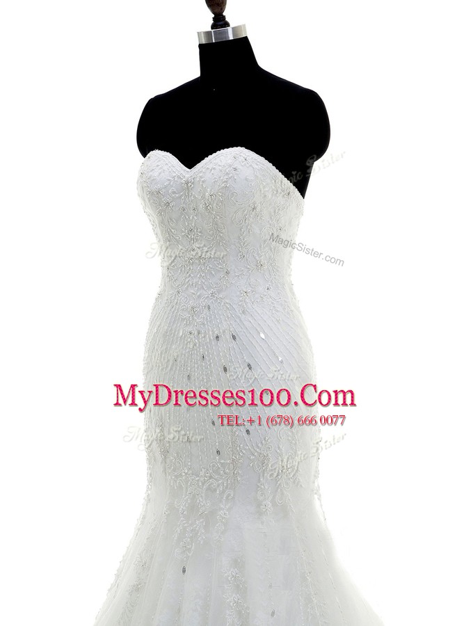 Lace With Train Mermaid Sleeveless White Wedding Gowns Brush Train Zipper
