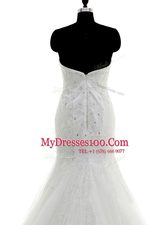 Lace With Train Mermaid Sleeveless White Wedding Gowns Brush Train Zipper