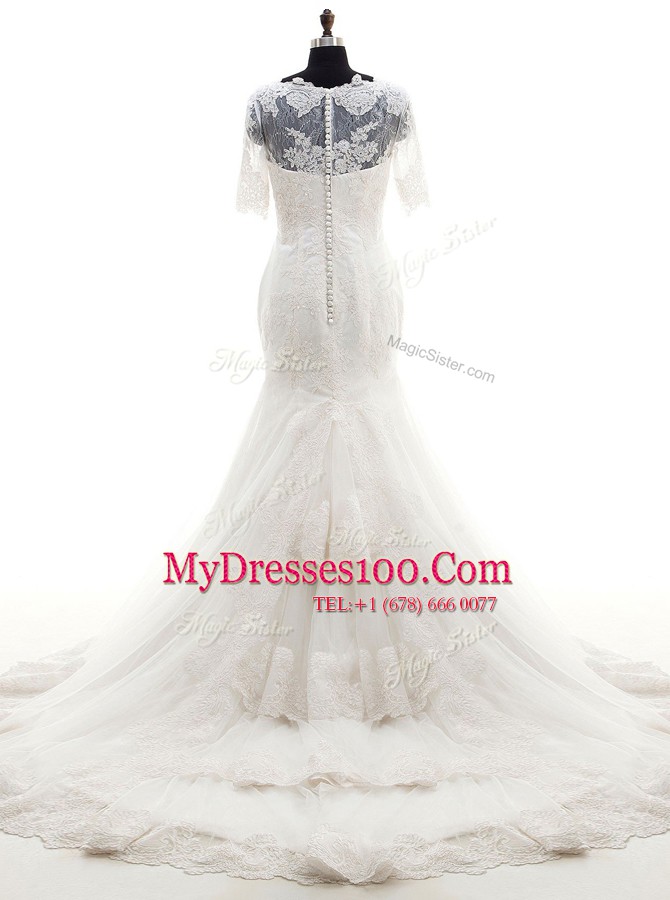 Mermaid White Half Sleeves With Train Lace and Appliques Clasp Handle Wedding Dresses
