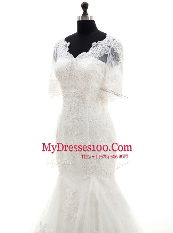 Mermaid White Half Sleeves With Train Lace and Appliques Clasp Handle Wedding Dresses