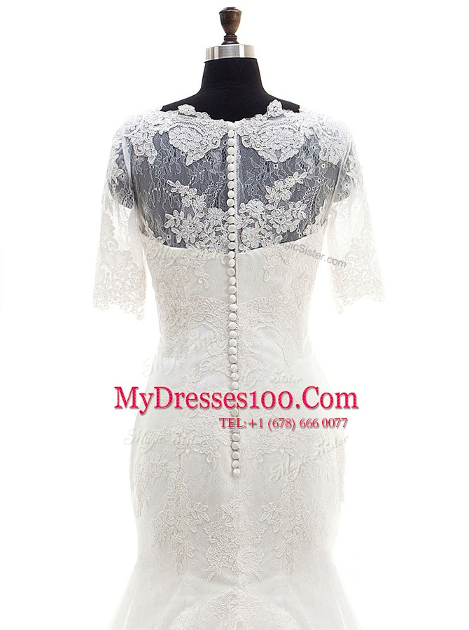 Mermaid White Half Sleeves With Train Lace and Appliques Clasp Handle Wedding Dresses