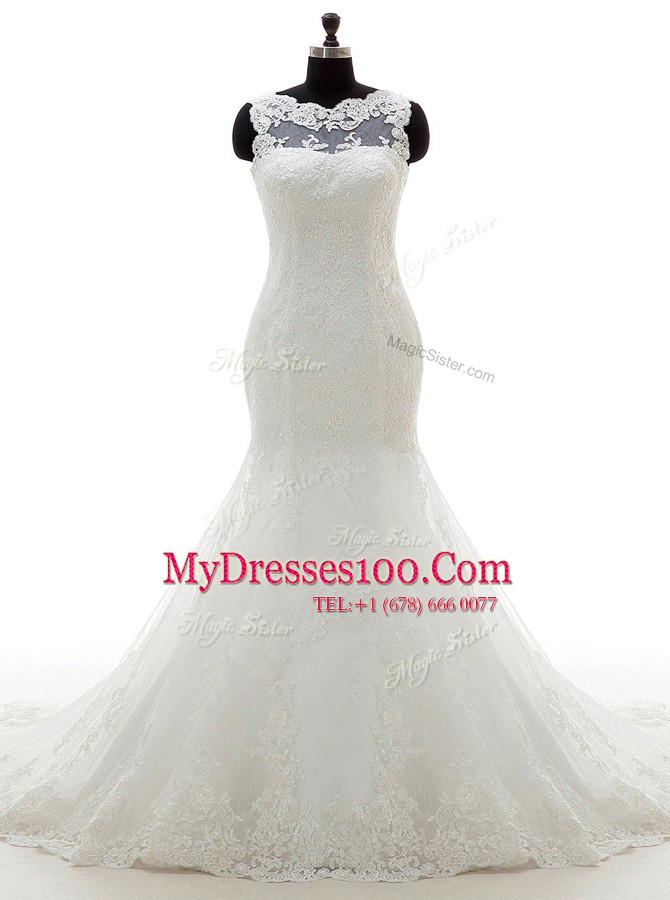 Mermaid Scoop Sleeveless Court Train Appliques Clasp Handle Bridal Gown