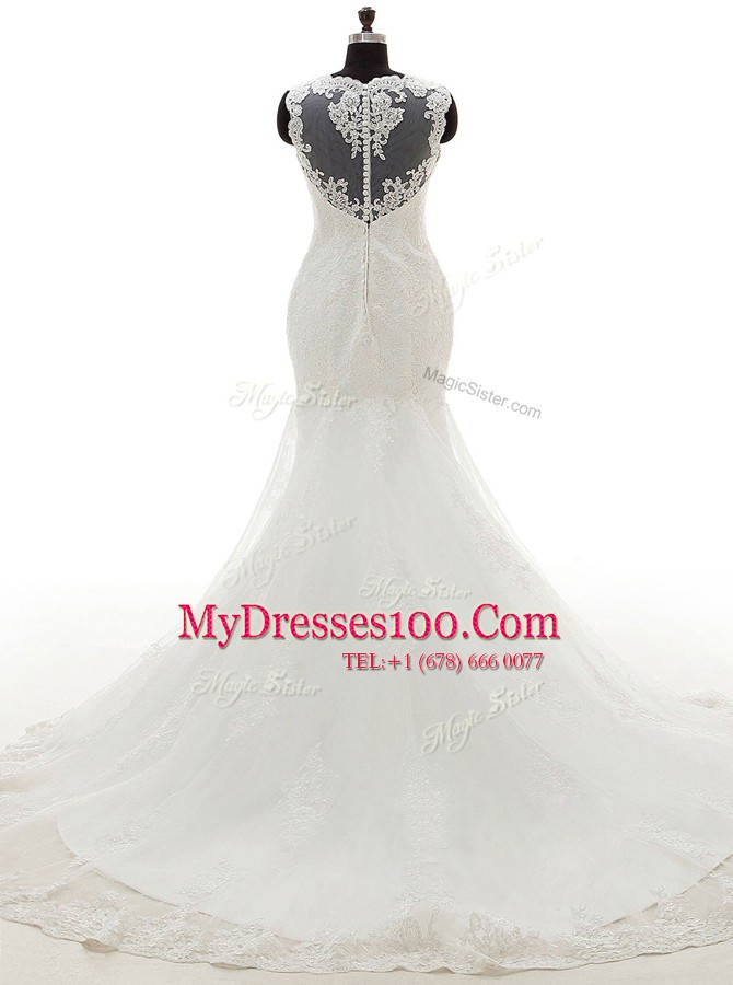 Mermaid Scoop Sleeveless Court Train Appliques Clasp Handle Bridal Gown