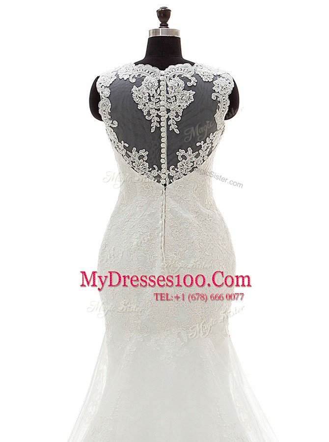 Mermaid Scoop Sleeveless Court Train Appliques Clasp Handle Bridal Gown