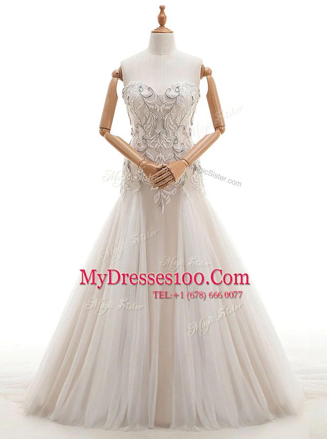 Best Selling Beading Bridal Gown White Lace Up Sleeveless With Brush Train