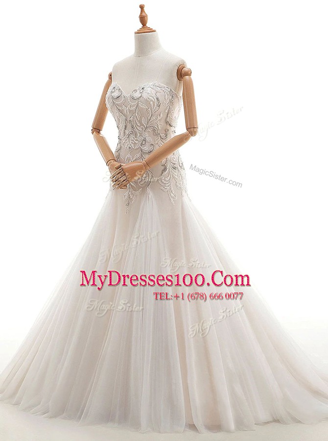 Best Selling Beading Bridal Gown White Lace Up Sleeveless With Brush Train
