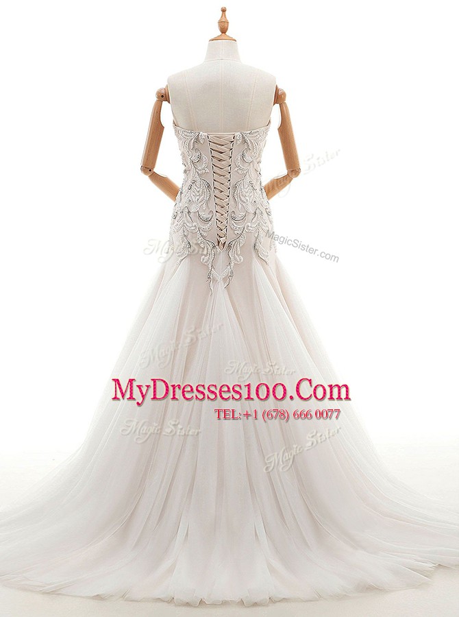 Best Selling Beading Bridal Gown White Lace Up Sleeveless With Brush Train